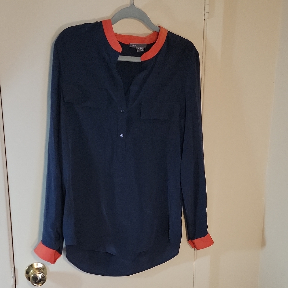 Vince Navy Blue Long Sleeve 100% Silk Blouse Orange Contrast Trim Women's Size 4